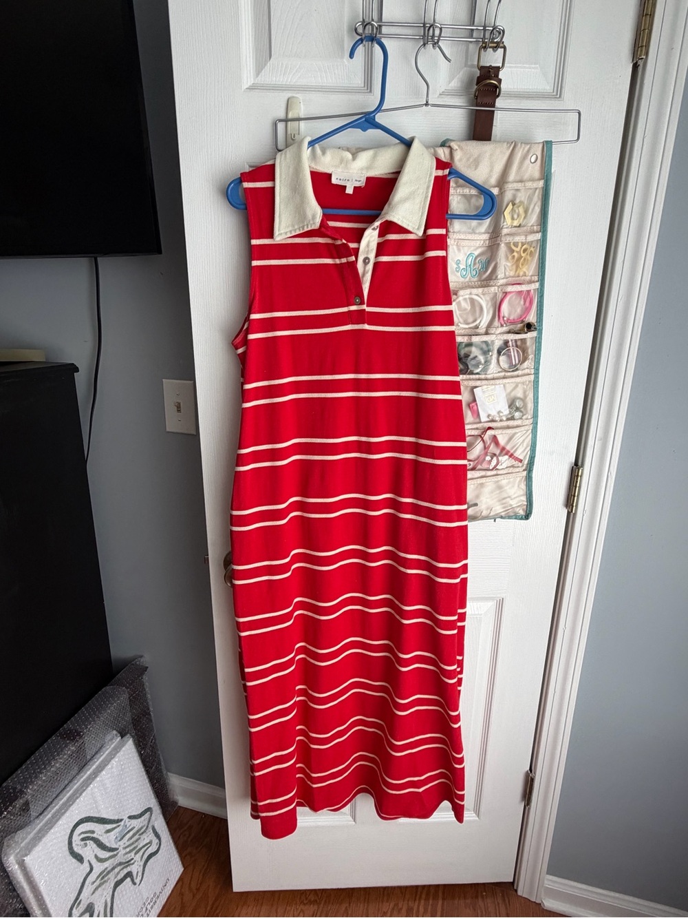 entro Red and Cream Striped Sleeveless Polo Midi Dress